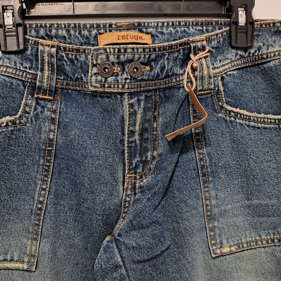 Refuge Y2K Cargo Cotton Distressed Wide Leg Raw Hem Jeans S 11 Vintage Wash Blue - Picture 12 of 17